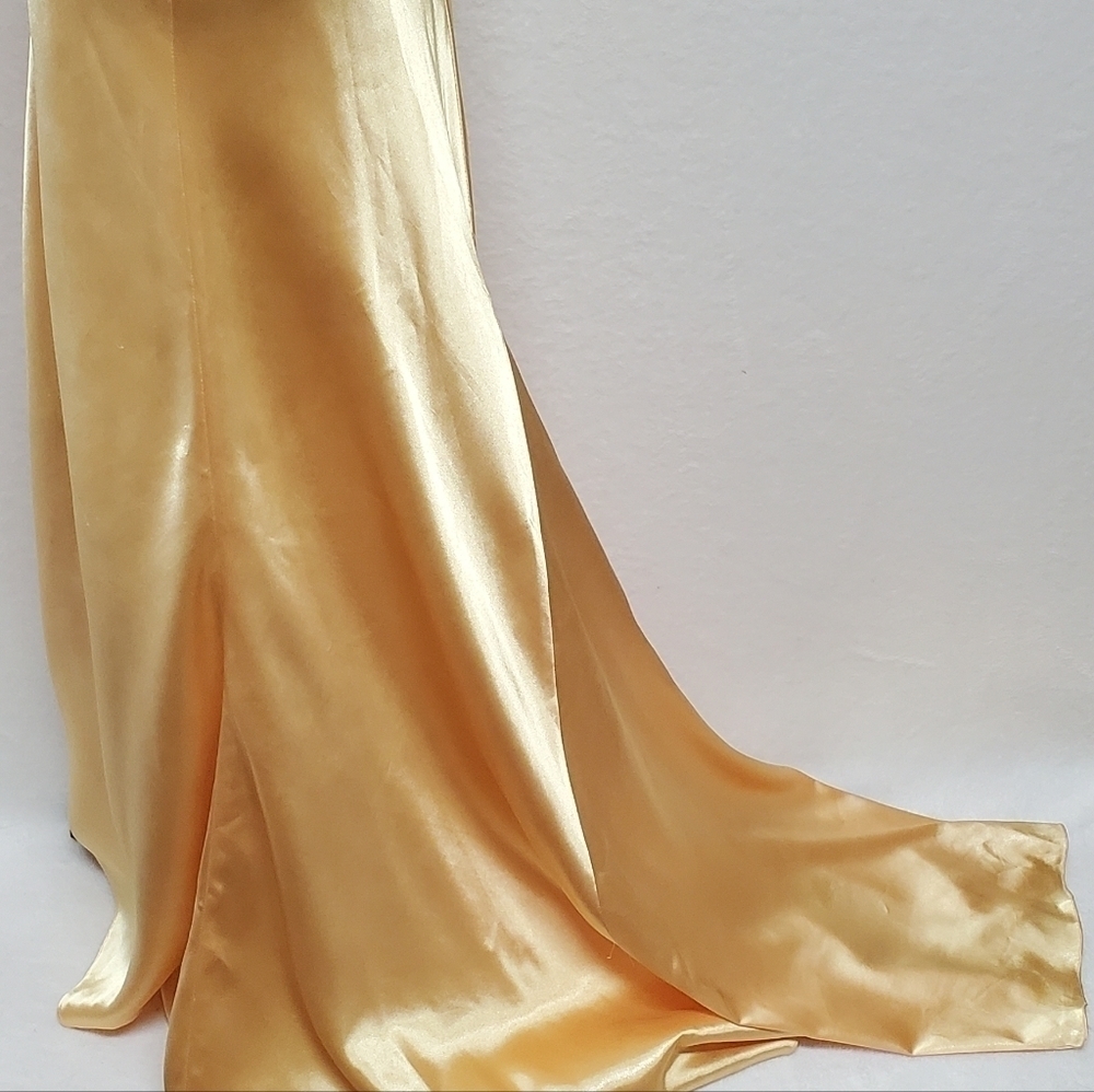 Vintage Beyond Jovani Yellow Charmeuse Shimmer V-neck Beaded Backless Maxi Dress - Picture 10 of 16